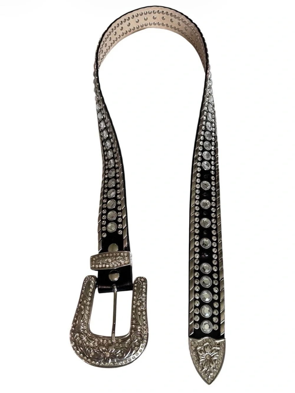 Unbranded Genuine Leather Western Rhinestone Studded Belt Black Silver Size 34 L
